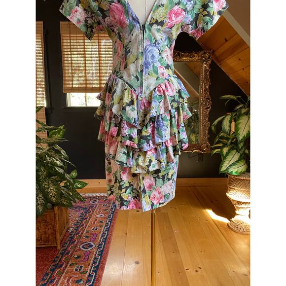 80s Party Dress Floral Ruffle - Picture 4 of 9